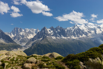 Aiguilles de Chamonix rocky granite mountain peaks in french Alps around Mont Blanc summit in...