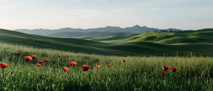 Lush green fields dotted with poppies cascade toward distant mountains, painting a serene landscape of vibrant tranquility and natural beauty. - Powered by Adobe