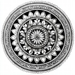 Intricate Hand-Drawn Mandala Design with Floral Elements in Black and White