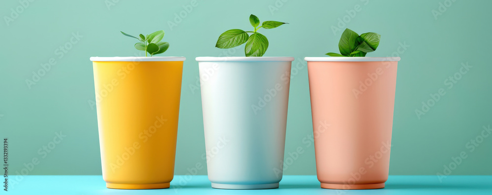 Poster three colorful cups with small plants growing inside are arranged in row against pastel background, 