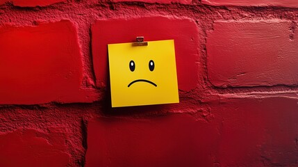 Yellow sticky note with sad face emoji on red wall, minimalistic close-up shot with professional color grading and sharp focus. High-resolution detail highlighting emotion and contrast.