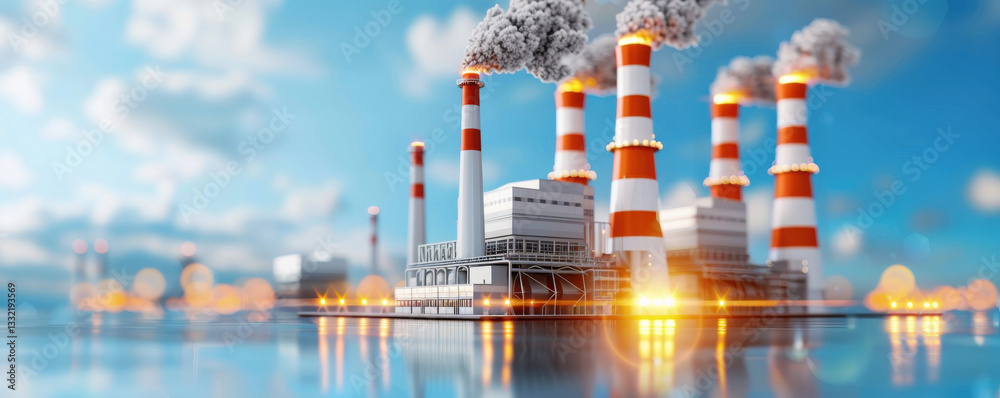 Poster 3D render of power plant facility with multiple smokestacks emitting smoke, set against clear blue sky. scene is designed in minimal and flat style, highlighting industrial architecture