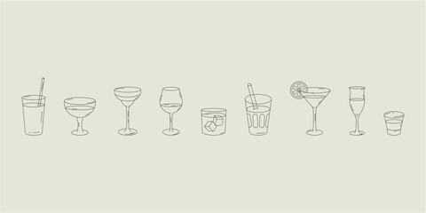 Minimalist line art illustration of various drink glasses, including cocktail, wine, whiskey, and champagne glasses. Elegant and modern design, perfect for menus, branding, and decor.