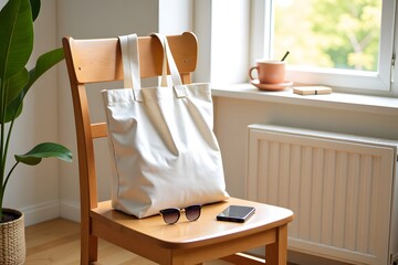 Fototapeta premium Minimalist Canvas Tote Bag Hanging on Wooden Chair in Sunlight