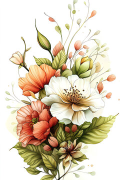 Fantasy floral watercolor featuring vintage botanical elements and enchanting fantasy flowers. Elegant Floral Arrangement with Colorful Blooms and Greenery