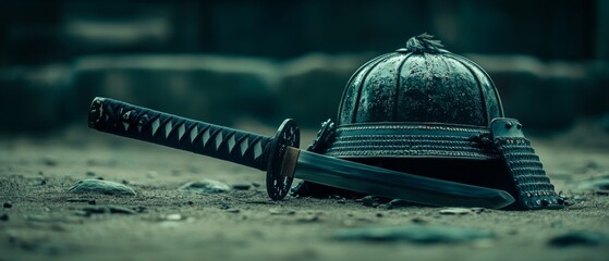 A weathered katana lies beside a traditional samurai helmet on the gritty ground, evoking a sense of history, valor, and forgotten battles.