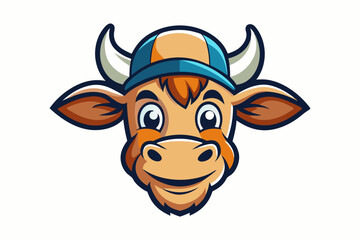 funny cow head with cap vector logo