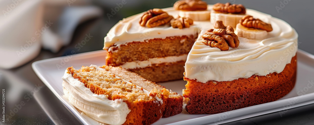 Poster delicious banana cake topped with walnuts and creamy frosting is sliced and served on white plate, s
