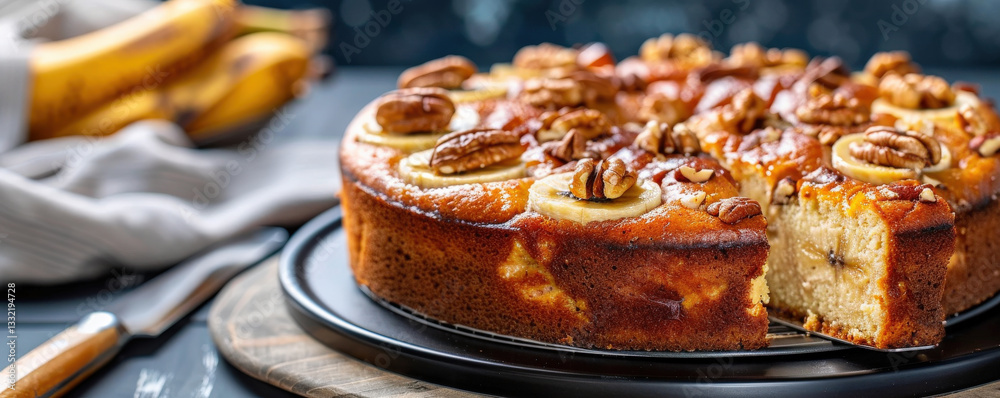 Poster delicious banana cake topped with walnuts and banana slices is displayed on wooden board, showcasing