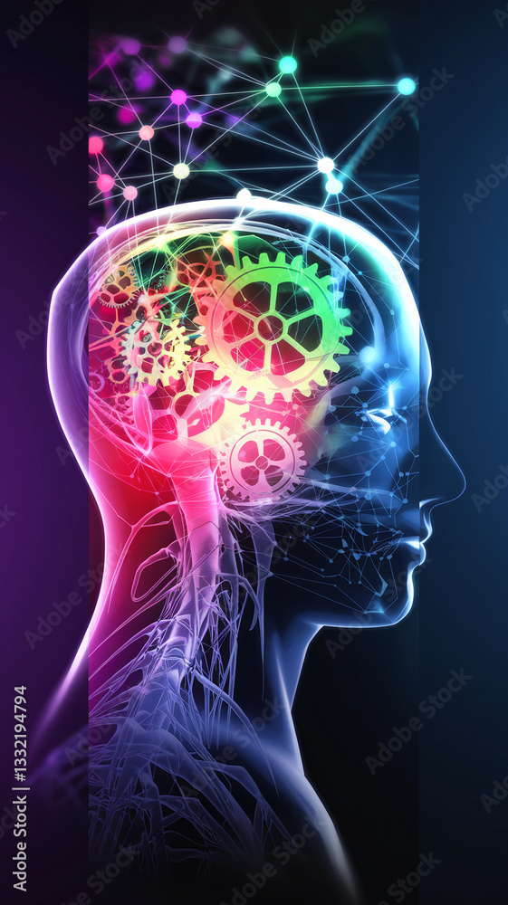 Poster translucent head profile with colorful gears and network, symbolizing intellect, creativity, and int