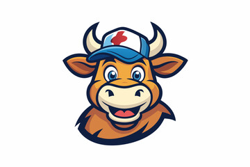 funny cow head with cap vector logo