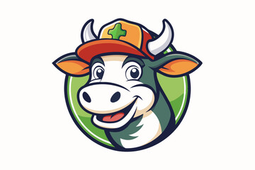 funny cow head with cap vector logo