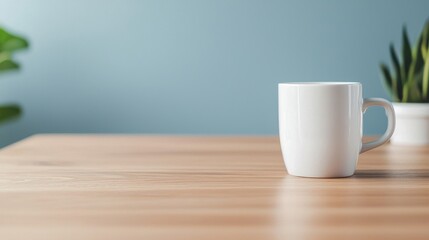 White Ceramic Cup on Wooden Table with Green Plants Background