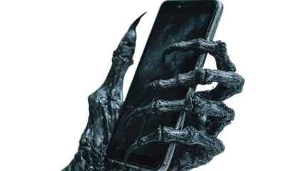 A scary black hand is holding a smartphone isolated on transparent background. 