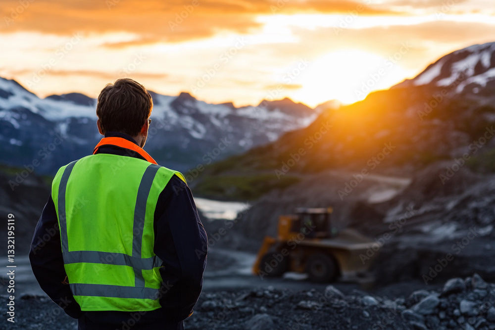 Poster Dedicated miner overlooking sunset at a mining site Generative AI