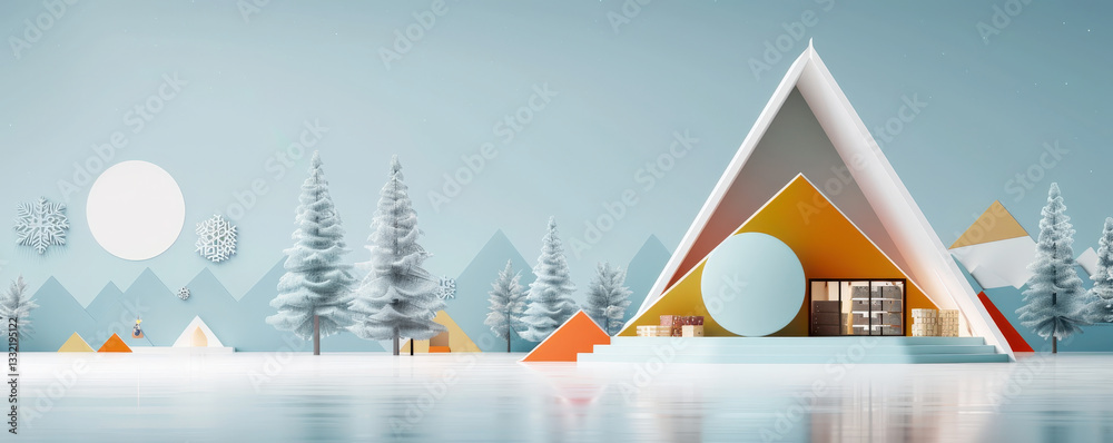 Poster serene winter landscape with modern geometric house surrounded by snow covered trees and mountains, under clear sky. scene features minimalist design elements and calm atmosphere