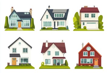 Suburban houses representing residential architecture with lush green lawns and gardens