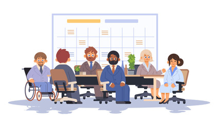Multiracial business team meeting on isolated background. Planning successful strategy at the table. Vector illustration