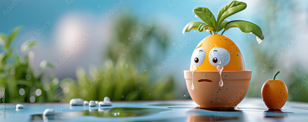 Poster teary eyed character resembling potted plant with small sprout on its head looks out window, evoking sense of melancholy. scene is set in minimal 3D rendering style