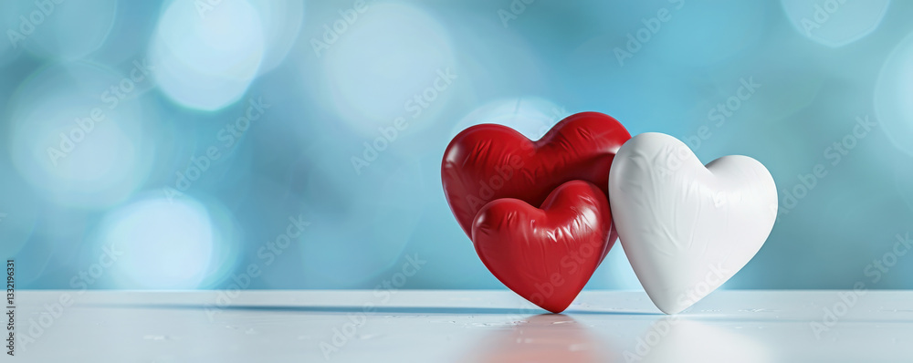 Poster red and white hearts on reflective surface with blue bokeh background create romantic and serene atm