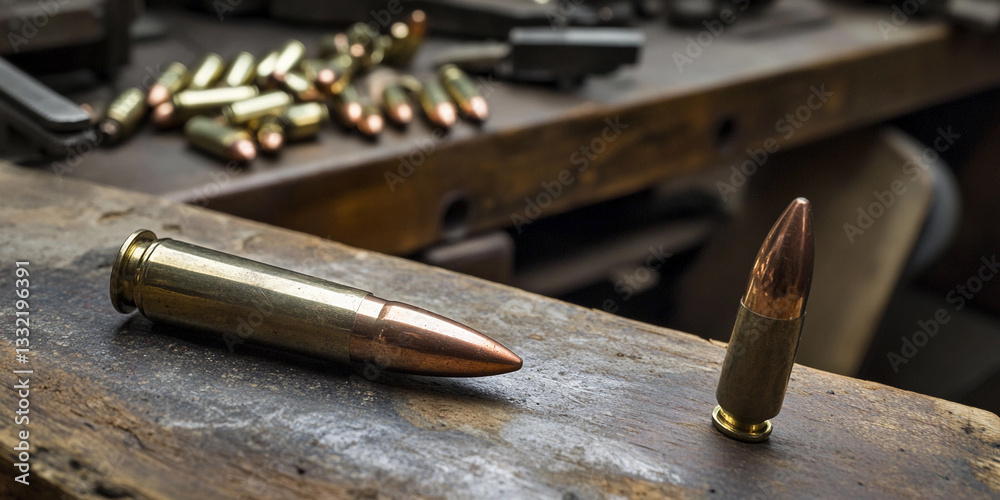 Poster historical bullet on workbench in craftsman workshop generative ai