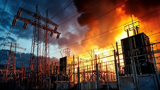Flames engulf electrical equipment as a major fire breaks out at power station amid dark storm clouds in nearby urban landscape
