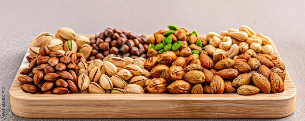Aufkleber variety of nuts and seeds are neatly arranged wooden tray, showcasing diverse selection of textures 