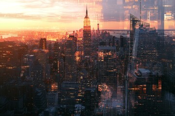 Fototapeta premium Sunset Manhattan cityscape double exposure