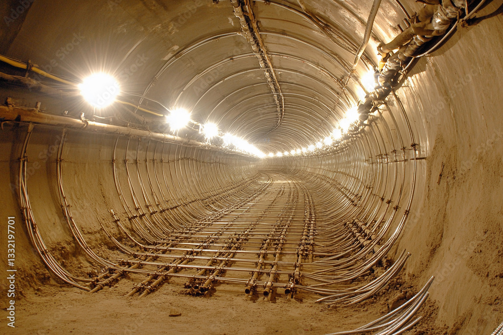 Aufkleber Underground tunnel with wires and lights illuminating path Generative AI