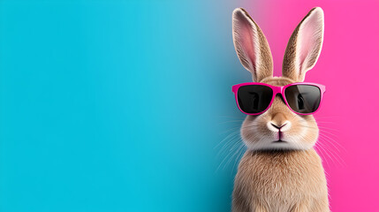 Cool bunny with sunglasses on colorful background. Generative