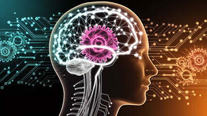 Human head profile, brain visualized with network and gears, circuit board background, representing artificial intelligence, technology, and cognitive processes
