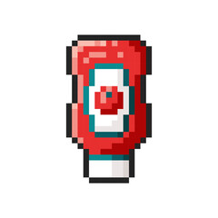Pixel tomato ketchup bottle isolated on transparent background. Pixelated badge, game asset or computer arcade item. Red sauce icon. Vector pixel art illustration in 16 bit old style.
