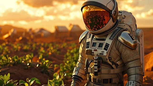   Astro Gardener: An astronaut cultivates an alien field, standing amid a Martian landscape with futuristic equipment. Capturing a vision of interplanetary farming.