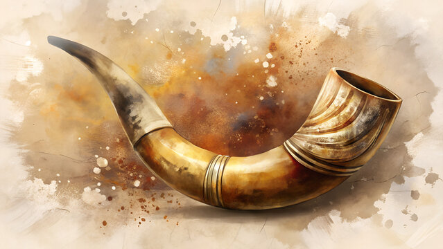 Watercolor shofar background in cream and brown tones, gentle strokes showcasing the traditional ram's horn, spiritual and reflective vibe with copy space 