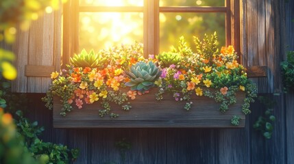 Wooden planter box overflowing with colorful succulents and flowers, bathed in warm sunlight streaming through a window