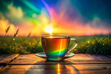 Surreal Oolong Tea: Sunlit Mug with Rainbow Gradient Background