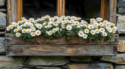 Wooden planter box overflowing with white daisies on a stone wall © HERMAWAN