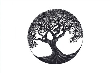 Elegant Black and White Tree Silhouette with Intricate Details