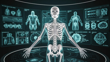 Human skeleton model showcased against medical scan background, demonstrating technology and healthcare concepts, suitable for medical websites or presentations