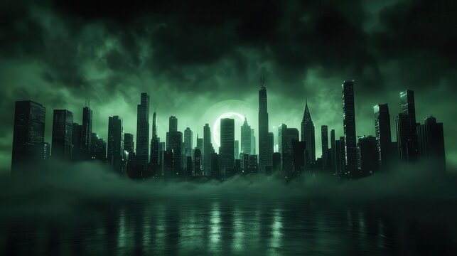 A cyberpunk city at night with neon lights, green screen background, seamless urban landscape, futuristic world