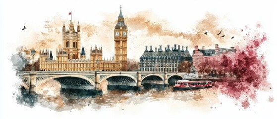 Obraz premium Vibrant watercolor sketch depicting the iconic cityscape of London England featuring the famous Big Ben clock tower and the grand Houses of Parliament along the banks of the River Thames