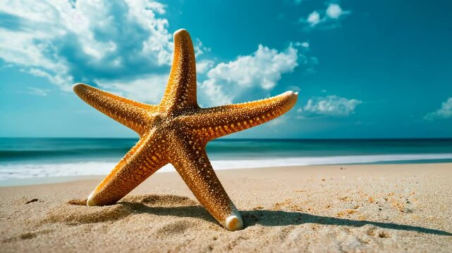 A starfish rests on golden sand, with gentle waves lapping the shore and fluffy clouds drifting in the vibrant blue sky