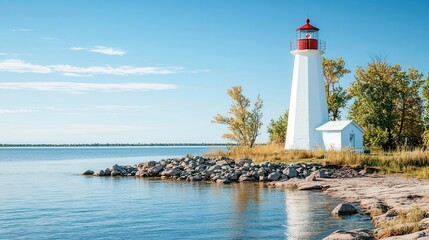 Coastal Lighthouse on Rocky Shore Calm Water Sunny Day