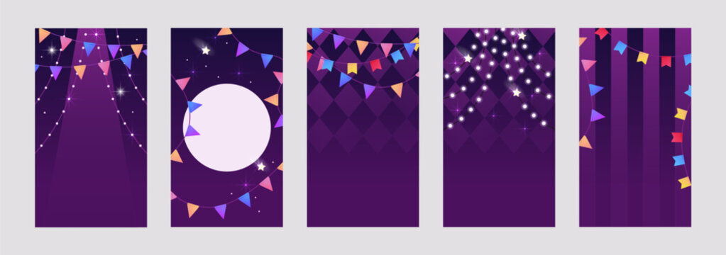 Colorful flags. Garland. Set of vertical templates for flyers, cards, stories. Carnival decor. Vector illustration