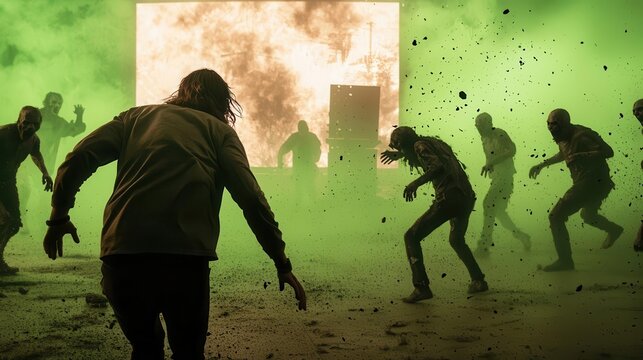 Behindthescenes of survivor running through green screen set with zombie actors chasing