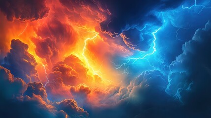 A vibrant sky filled with dramatic clouds, showcasing striking contrasts of orange and blue, illuminated by intense flashes of lightning.