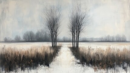 Obraz premium Winter path between trees, snowy field, minimalist landscape, wall art