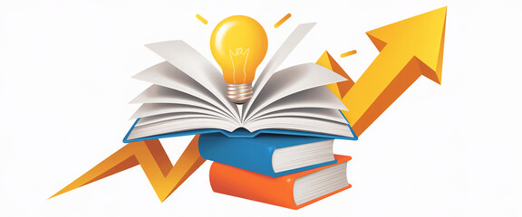 Open book with lightbulb, symbolizing knowledge and growth, upward trending arrow showcases progress and success, ideal for education or business concepts