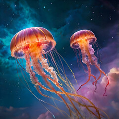 Surreal Glowing Jellyfish Floating in a Vibrant, Alien Sky