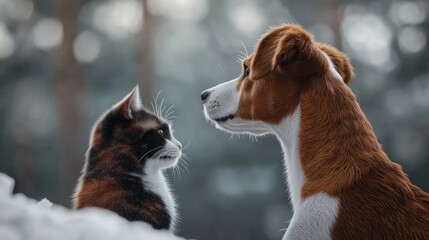 Winter snow scene, cat and dog meet, forest background,  friendship concept